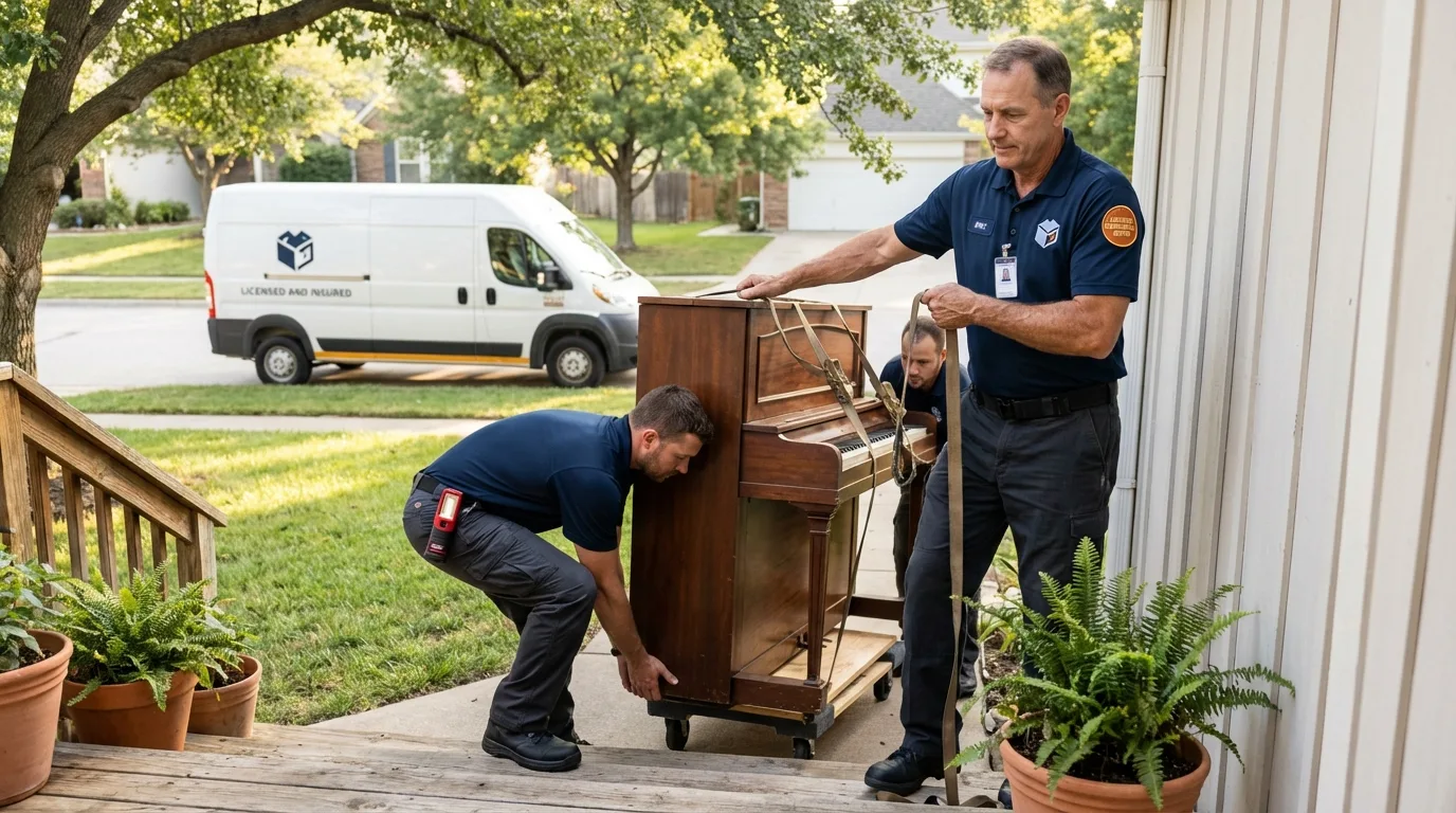 Licensed piano movers securing grand piano in Centerburg, OH