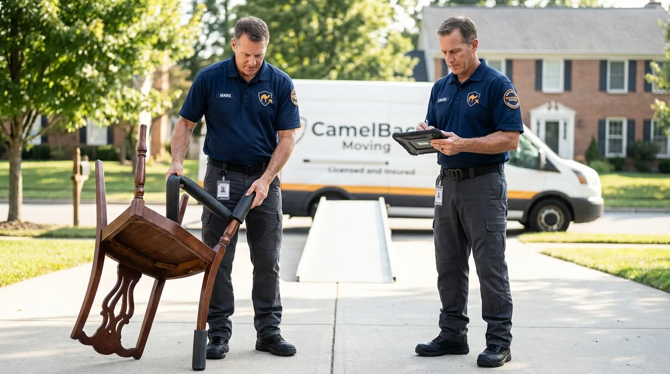 Movers inspecting furniture for damage prevention before loading in Centerburg, OH