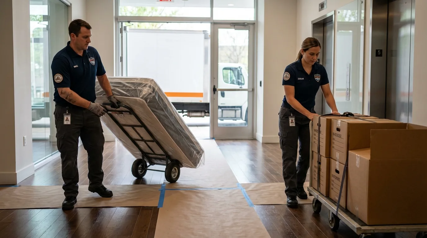 Professional apartment movers loading elevator in Centerburg, OH