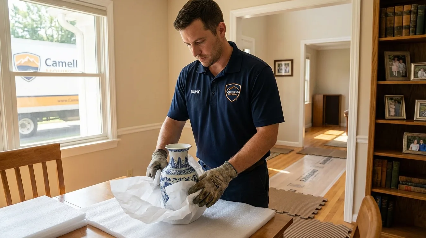 Professional crew carefully wrapping antique vase for senior downsizing move in Centerburg, OH